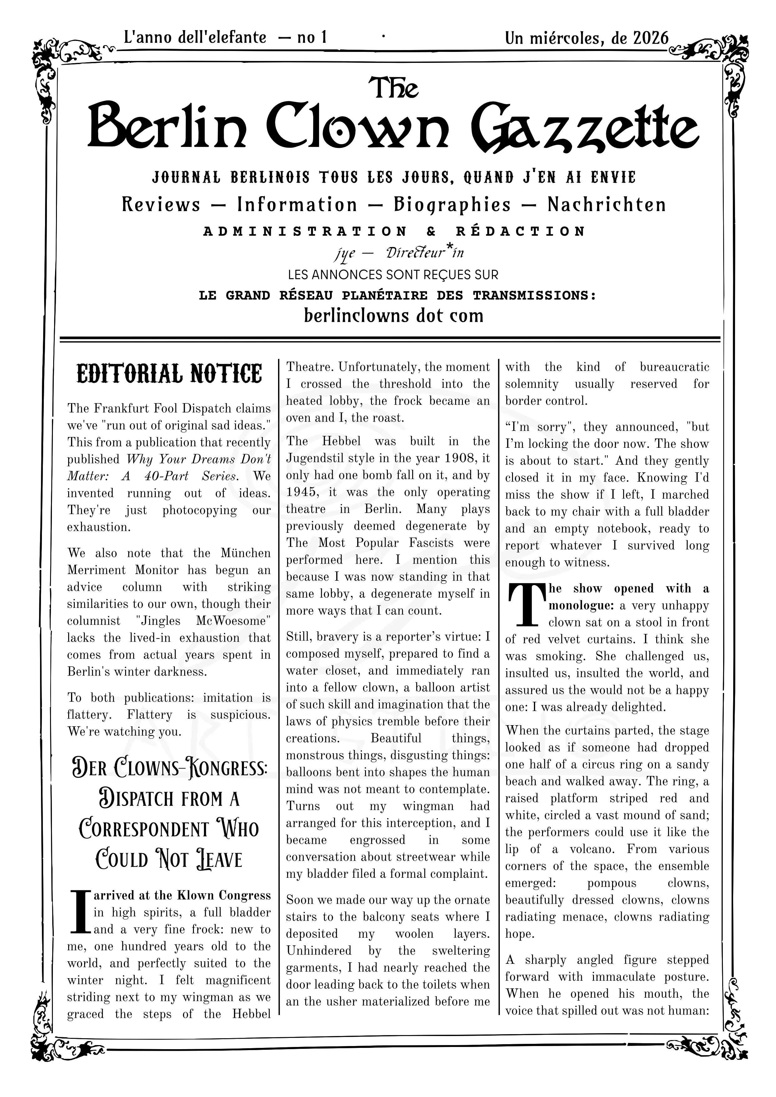 The Berlin Clown Gazzette front page.